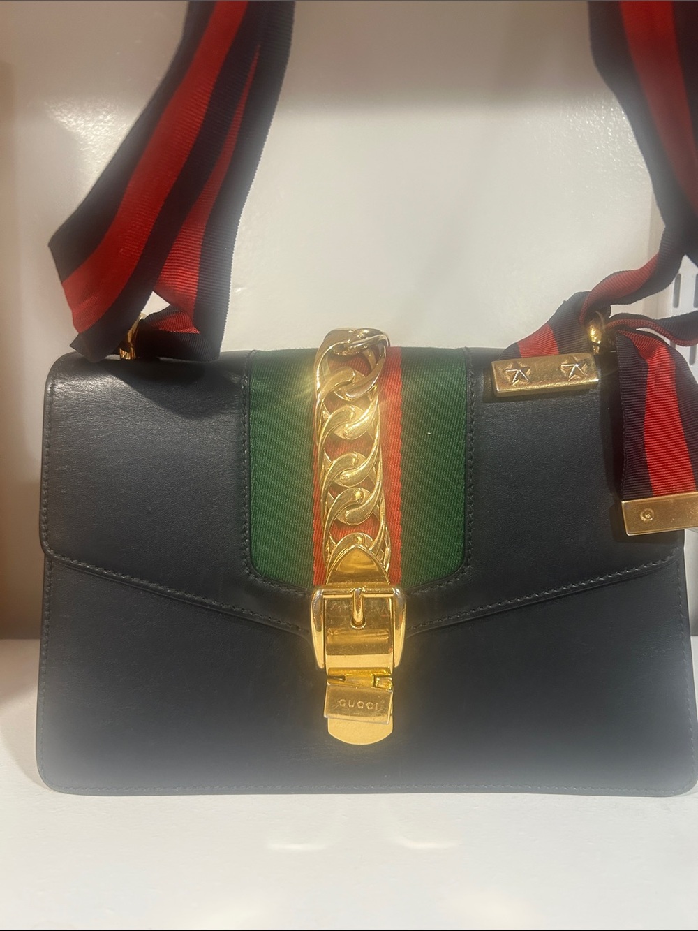 Authentic Gucci Sylvie Black Leather Web Stripe Shoulder Bag COA